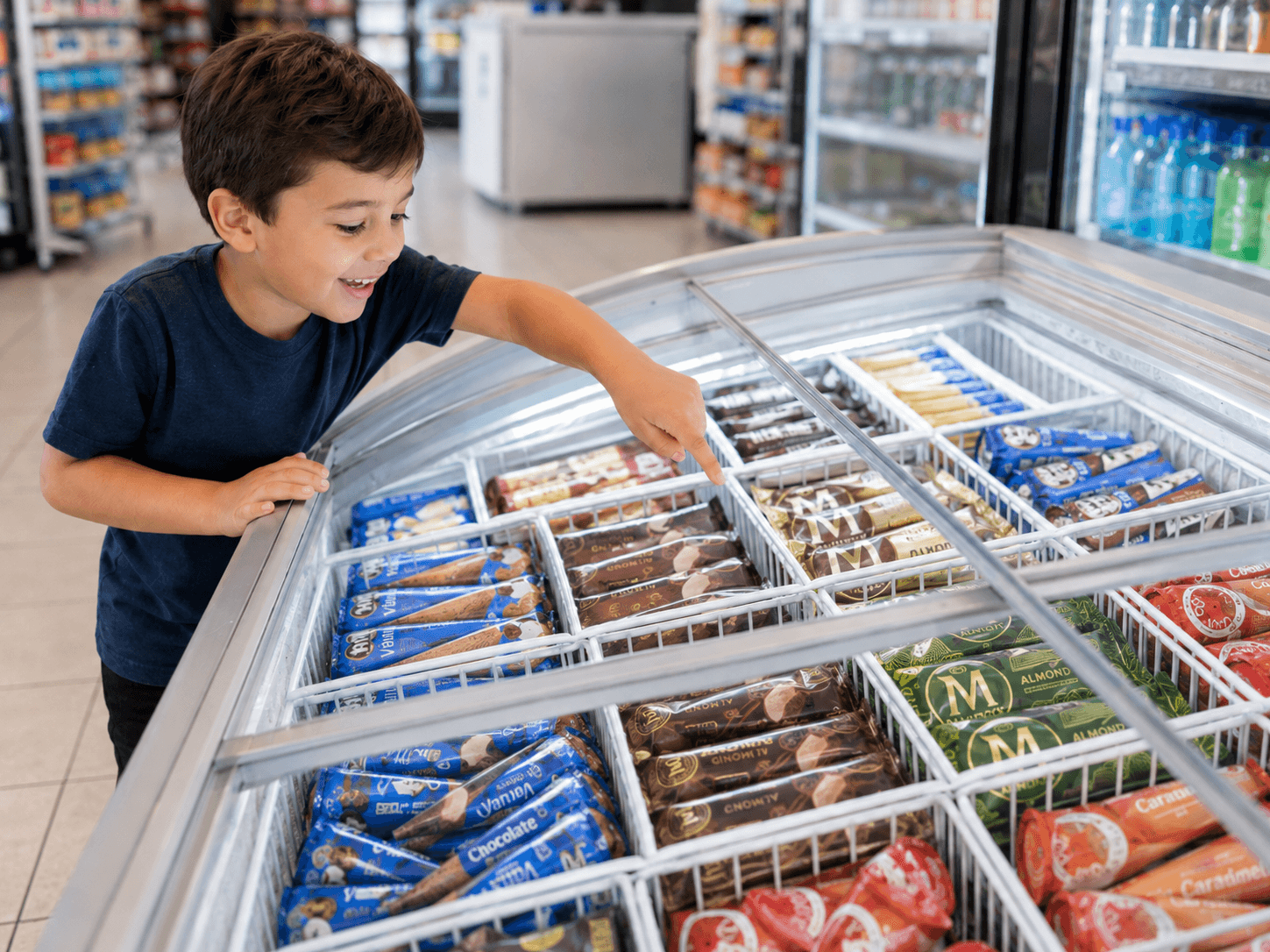 A young customer browsing a convenience store's ice cream novelty freezer.