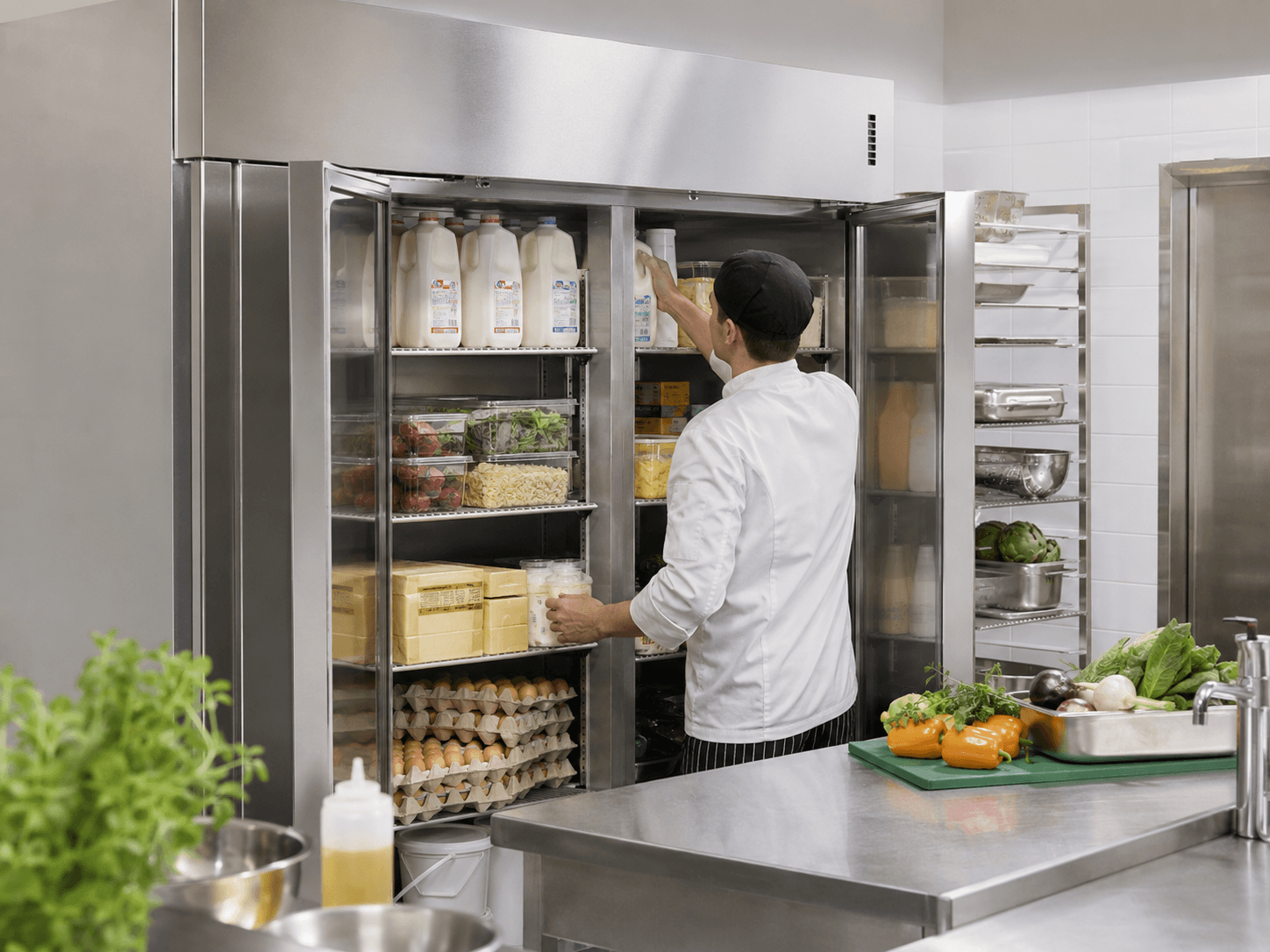 A chef restocking a walk-in cooler with milk and dairy products in a commercial kitchen.