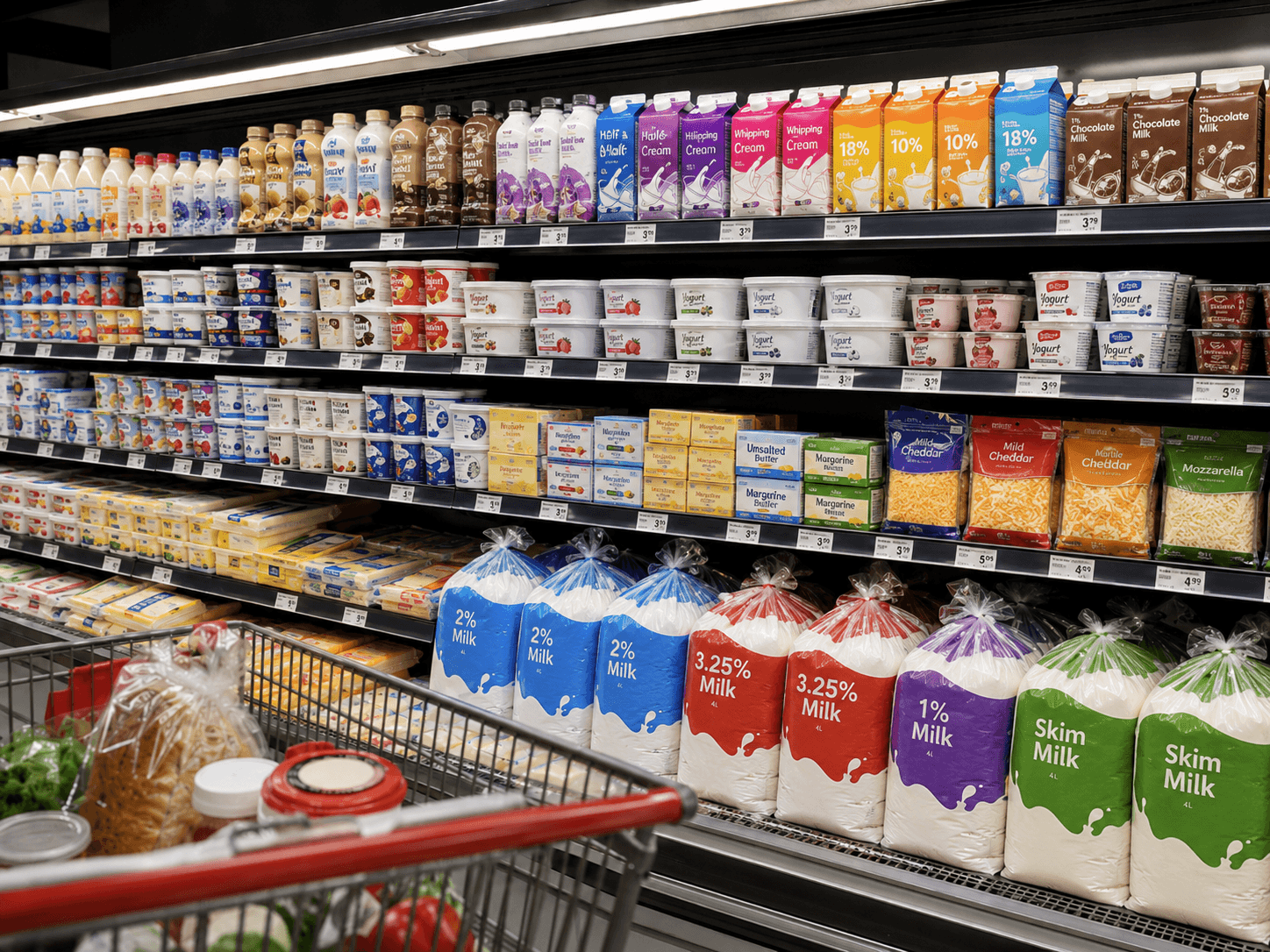 A grocery store dairy aisle stocked with milk, cream, yogurt and cheese.