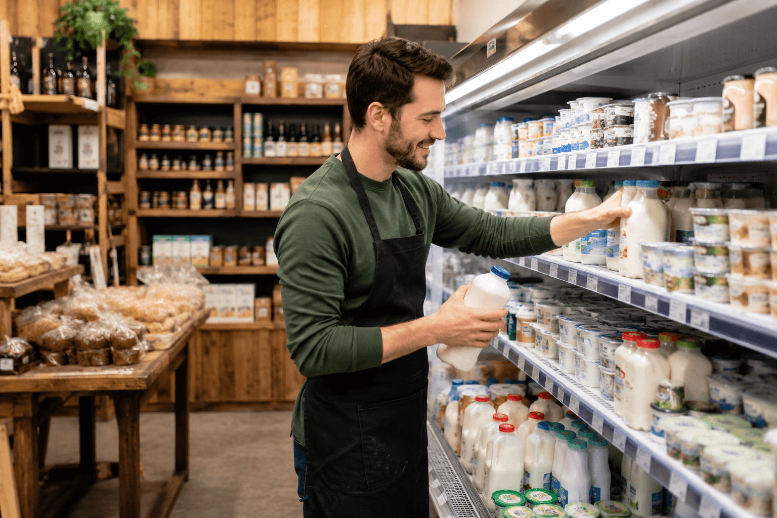 An independent retailer stocking a refrigerated dairy case.