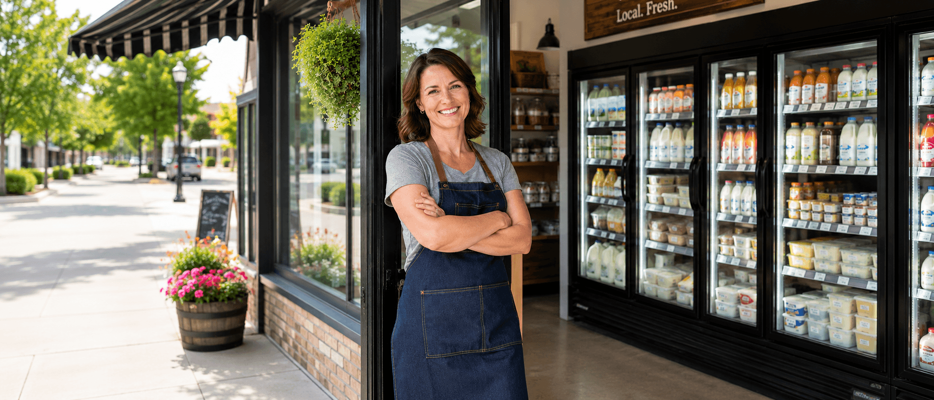 A local shop owner standing in the doorway of her storefront beside a stocked dairy cooler.