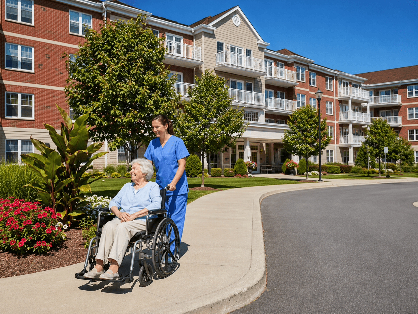 A caregiver walking a resident outside a retirement home.